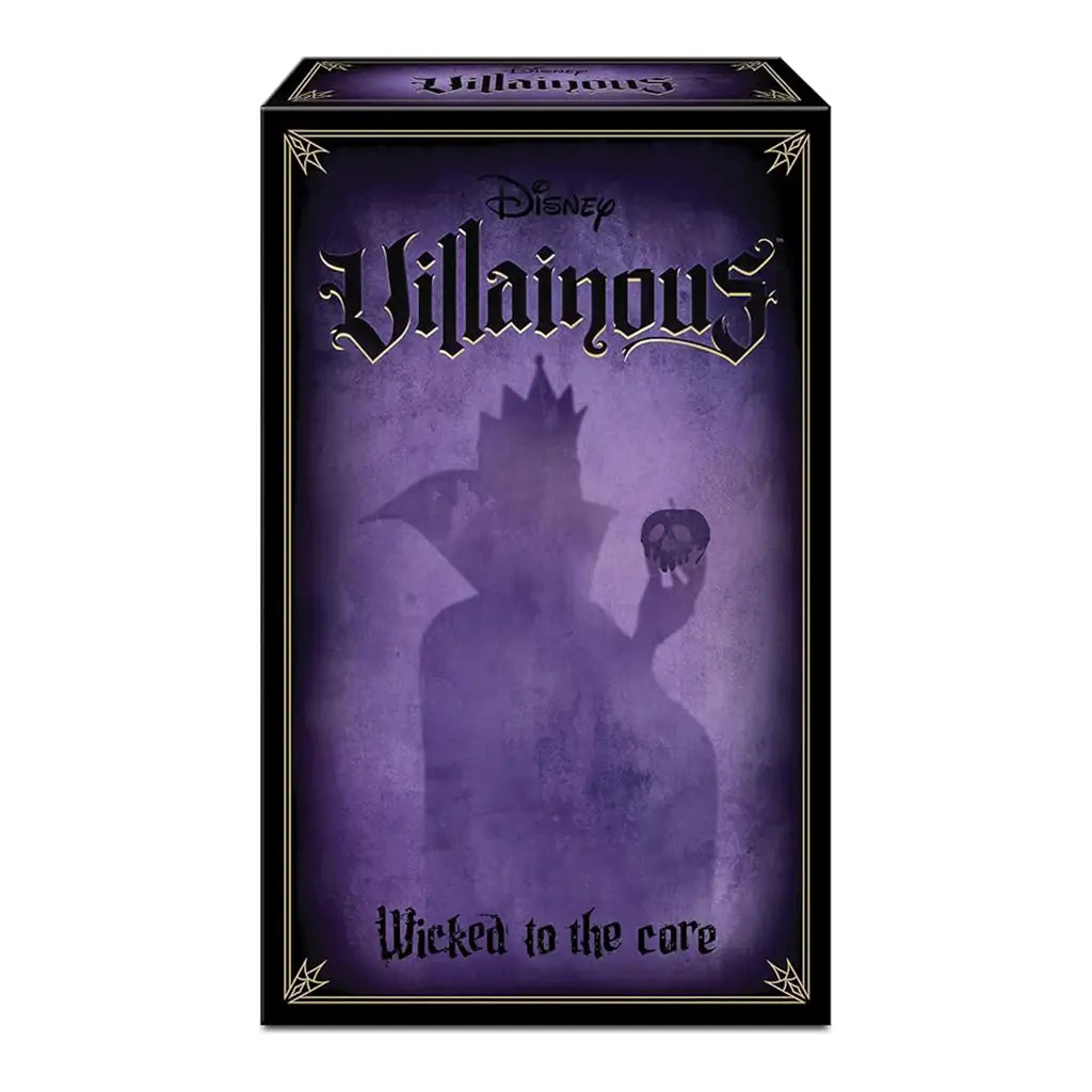 Front of Disney Villainous Wicked to the Core box in deep purple with a silhouette of the Evil Queen holding a poisoned apple and the tagline Wicked to the Core beneath the title.