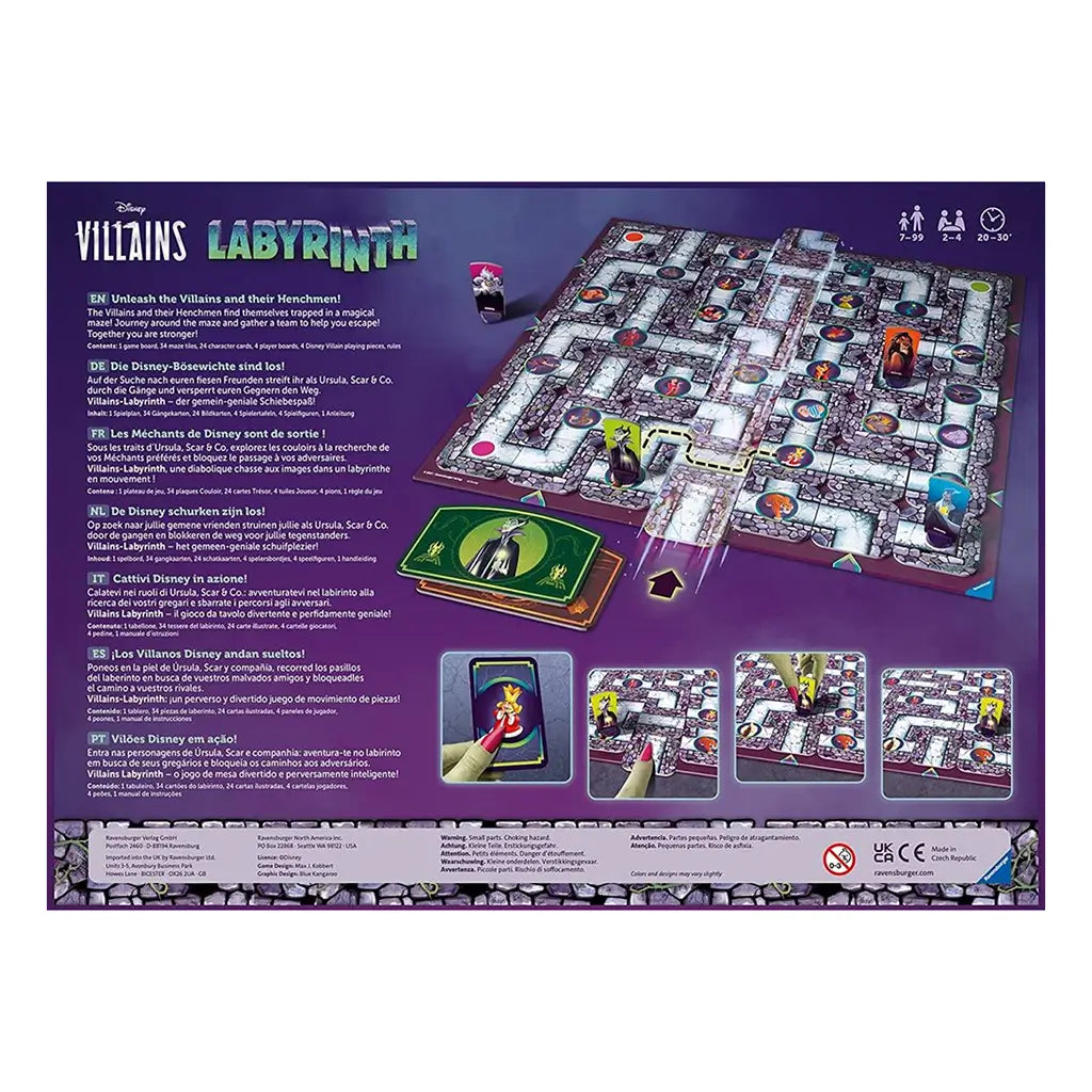 Back of Ravensburger Disney Villains Labyrinth game box showing detailed maze setup, cards, and multilingual instructions, emphasizing teamwork and strategic movement.
