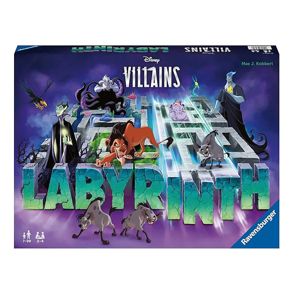 Front of Ravensburger Disney Villains Labyrinth box with bold purple artwork featuring iconic villains like Scar, Maleficent, Ursula, and Hades surrounding the shifting maze design.