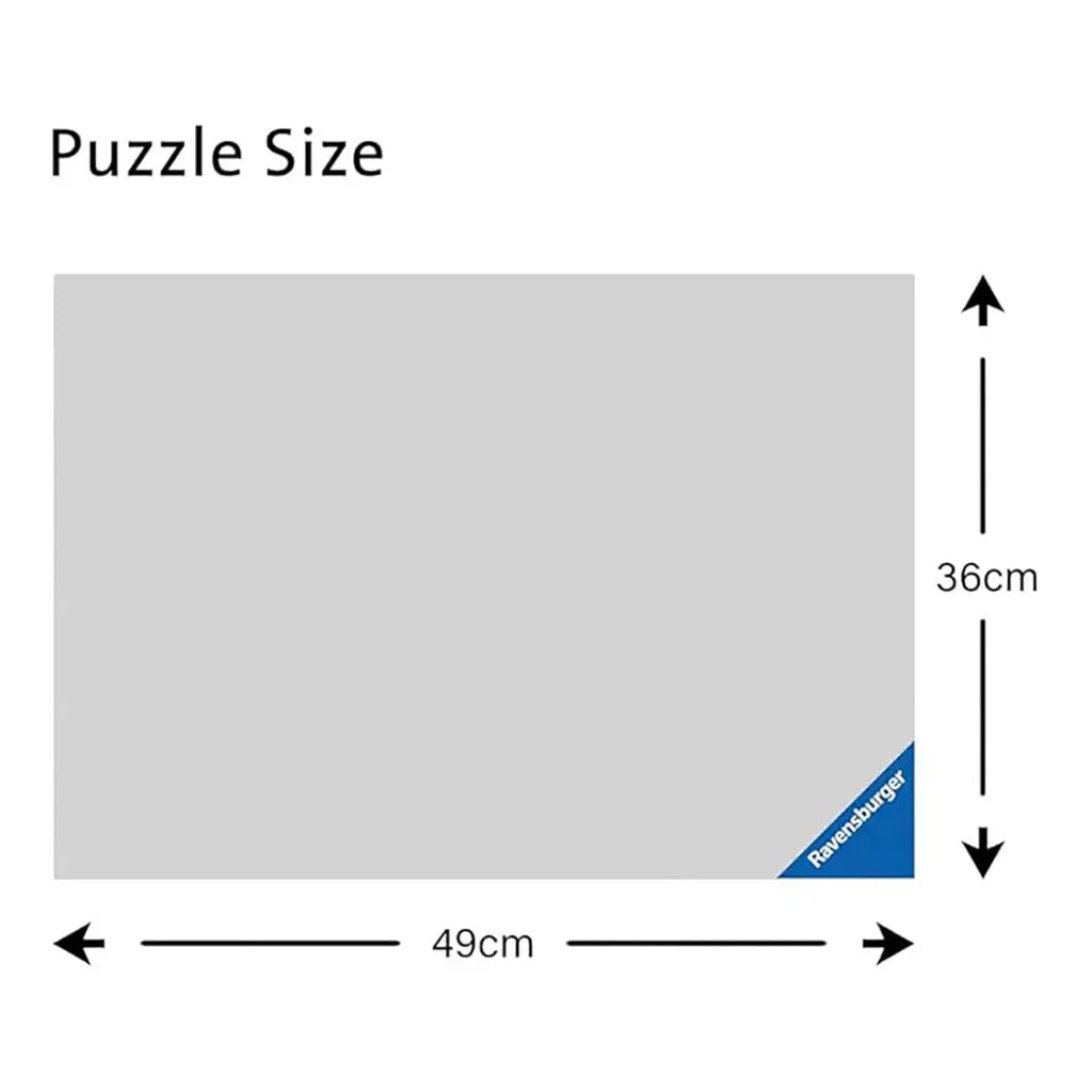 Dimension guide showing Ravensburger Encanto puzzle measures 49 cm wide by 36 cm tall, giving families a clear idea of completed puzzle size suitable for display or play.