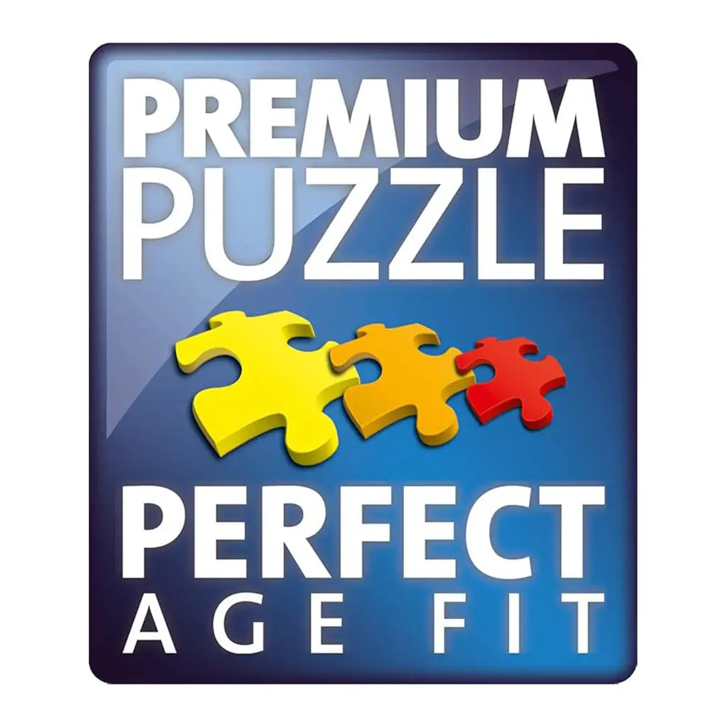 Premium Puzzle Perfect Age Fit logo with three colorful interlocking puzzle pieces in yellow, orange, and red, highlighting Ravensburger’s quality and age-appropriate design.