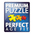 Premium Puzzle Perfect Age Fit logo with three colorful interlocking puzzle pieces in yellow, orange, and red, highlighting Ravensburger’s quality and age-appropriate design.