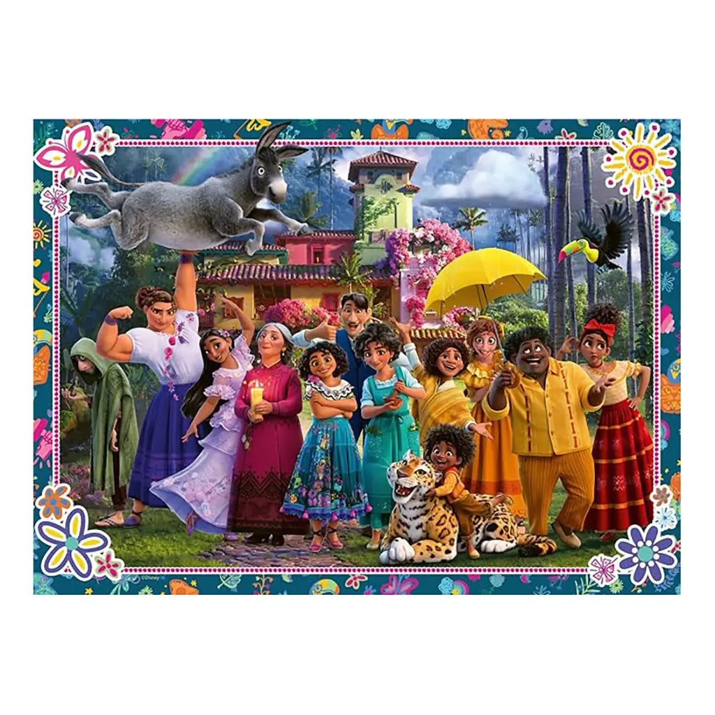 Completed Ravensburger Disney Encanto puzzle featuring the Madrigal family standing together in front of the magical casita with bright flowers, donkey, toucan, and colorful border.