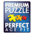 Ravensburger Premium Puzzle badge with yellow, orange, and red interlocking pieces on a blue background, highlighting perfect age fit and high-quality standards.