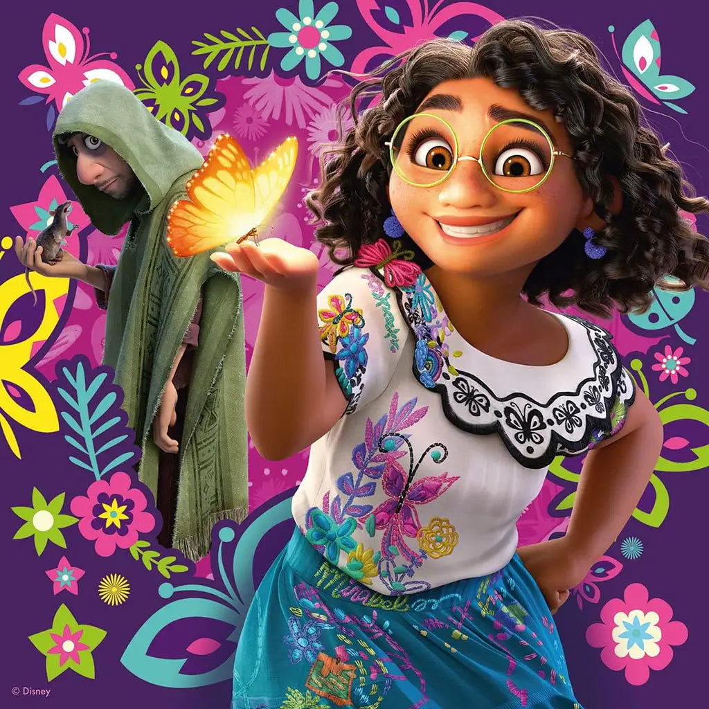 Disney Encanto puzzle artwork of Mirabel holding a glowing butterfly while smiling, with Bruno in a hooded cloak and a backdrop of vibrant purple floral patterns.