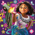 Disney Encanto puzzle artwork of Mirabel holding a glowing butterfly while smiling, with Bruno in a hooded cloak and a backdrop of vibrant purple floral patterns.