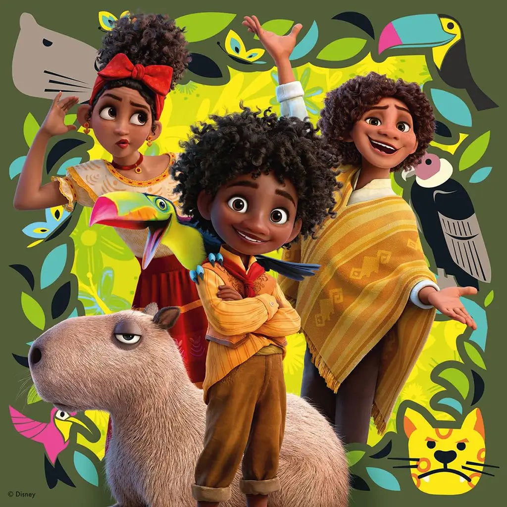 Disney Encanto puzzle art with Antonio smiling beside a toucan, Dolores and Camilo posing with animals, all set against a bold green and yellow jungle backdrop.