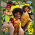 Disney Encanto puzzle art with Antonio smiling beside a toucan, Dolores and Camilo posing with animals, all set against a bold green and yellow jungle backdrop.