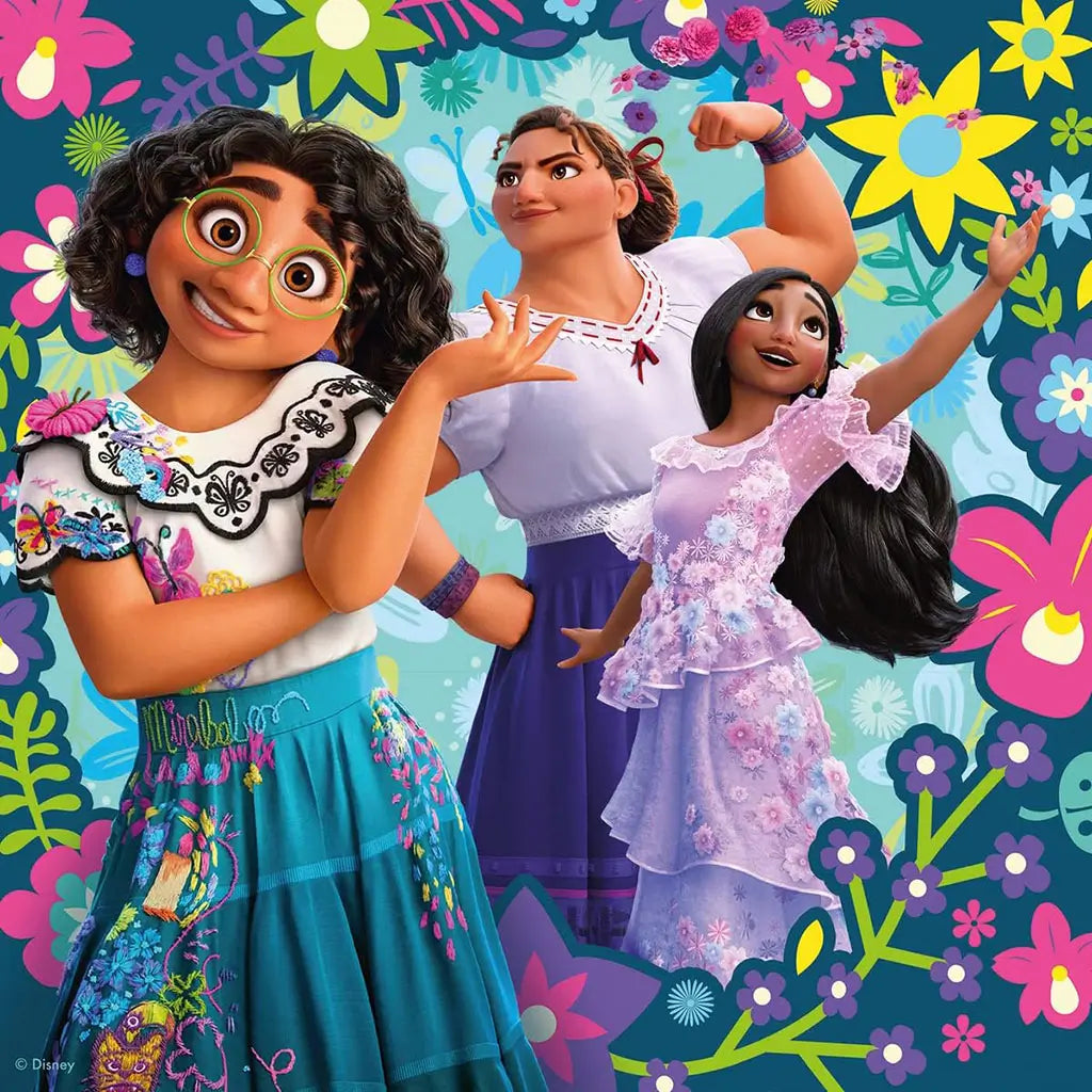 Disney Encanto puzzle design showing Mirabel, Luisa flexing her muscles, and Isabela reaching upward with flowers on a bright blue background full of blossoms.