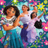 Disney Encanto puzzle design showing Mirabel, Luisa flexing her muscles, and Isabela reaching upward with flowers on a bright blue background full of blossoms.