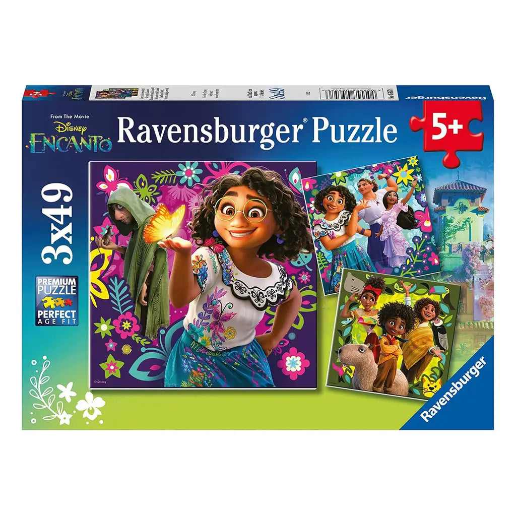 Ravensburger Disney Encanto 3x49 piece puzzle box featuring Mirabel with butterfly, Bruno in green cloak, and other Madrigal family characters in colorful scenes.
