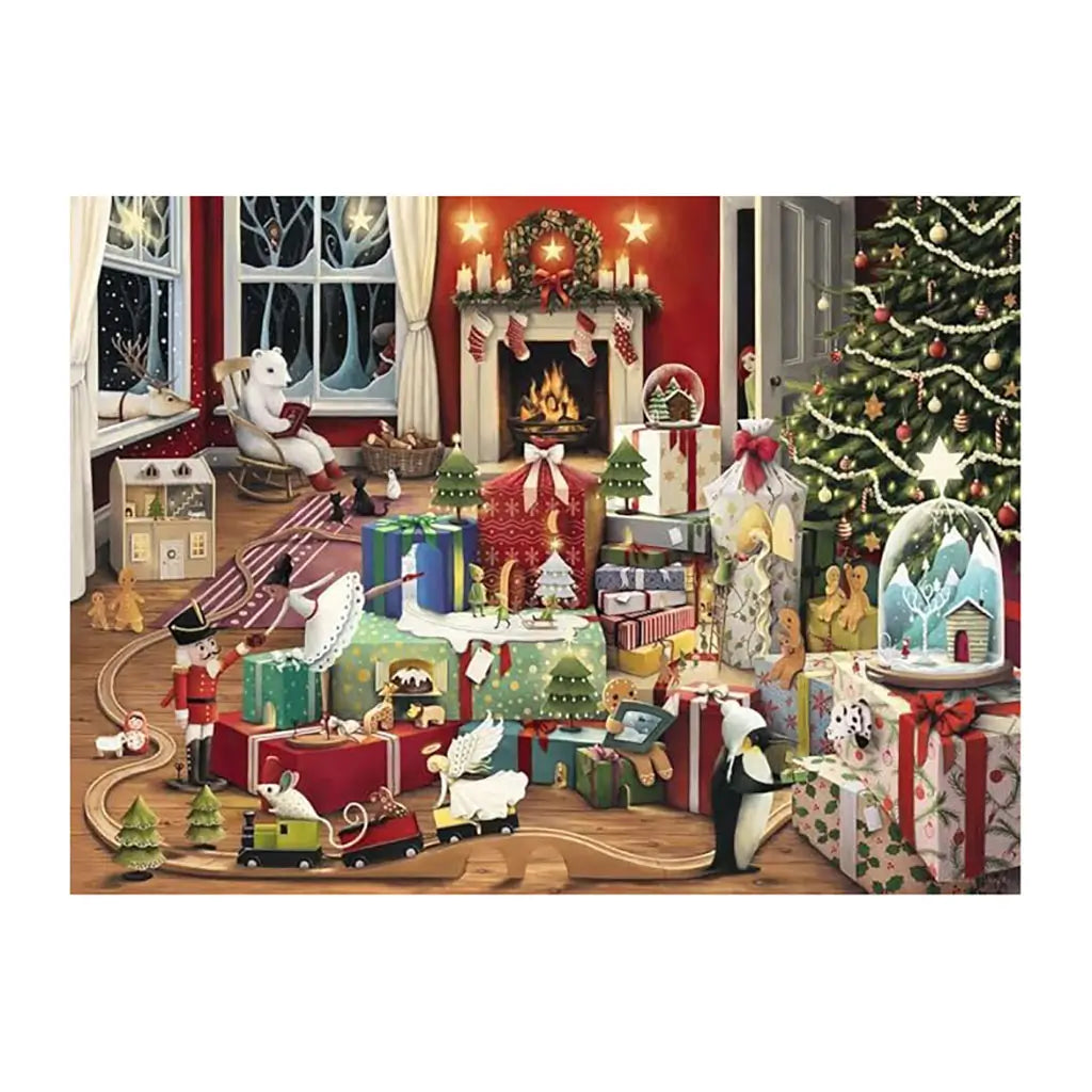 Completed Ravensburger Enchanted Christmas puzzle shows a festive living room with decorated tree, fireplace, gifts, and toys, creating a cozy holiday winter scene.