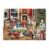 Completed Ravensburger Enchanted Christmas puzzle shows a festive living room with decorated tree, fireplace, gifts, and toys, creating a cozy holiday winter scene.