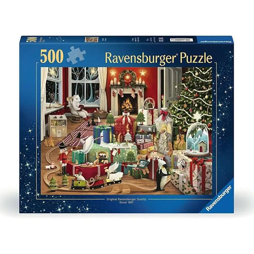 Ravensburger 500-piece puzzle box featuring a Christmas living room illustration with presents, a glowing fireplace, decorated tree, and festive seasonal details.