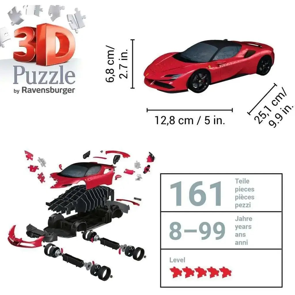 Puzzle diagram shows Ferrari SF90 Stradale 3D model dimensions: 25.1 cm long, 12.8 cm wide, 6.8 cm high, with 161 pieces.