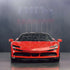 Front view of completed Ravensburger Ferrari SF90 Stradale 3D puzzle emphasizes detailed headlights and grille design.