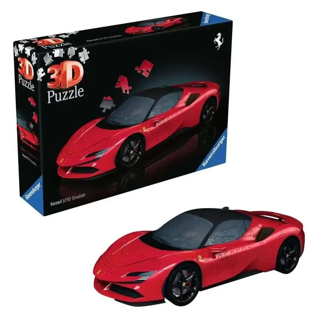Man assembles Ravensburger Ferrari SF90 Stradale 3D puzzle at a workbench surrounded by red, white, and black pieces.