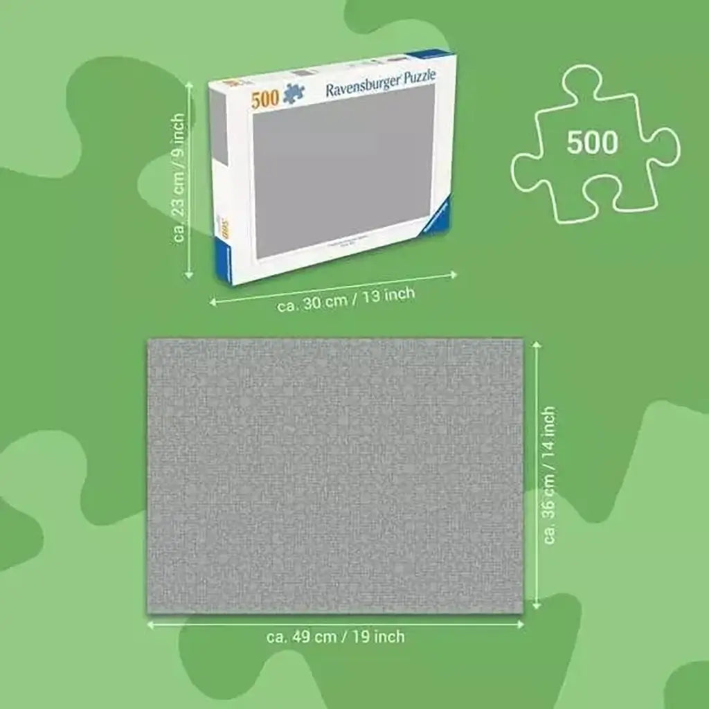 Ravensburger Floral Reflections 500-piece puzzle dimension chart shows finished size in centimeters and inches, with box size and Softclick technology.