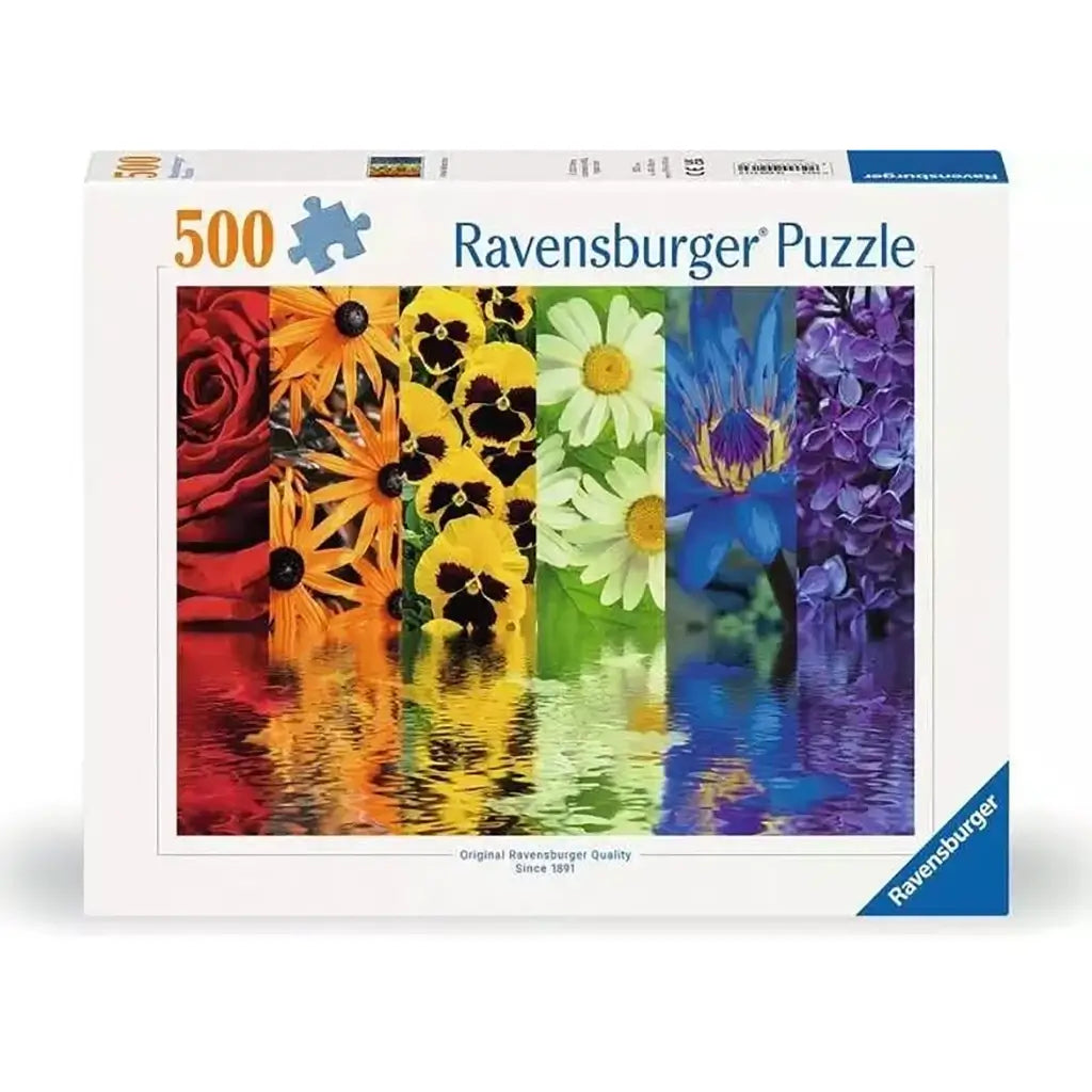 Ravensburger 500-piece puzzle box featuring a Floral Reflections design with six vertical flower panels mirrored in rippling water in a rainbow color arrangement.