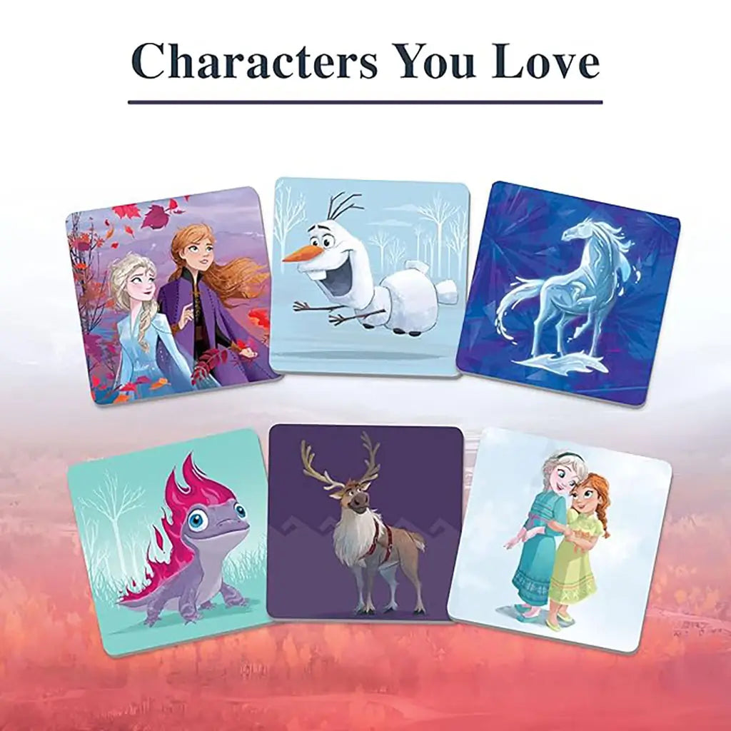 Close-up of Frozen II Matching Game tiles featuring Anna, Elsa, Olaf, Sven, Bruni, and Nokk, with bright backgrounds that emphasize beloved Disney characters for playful learning.