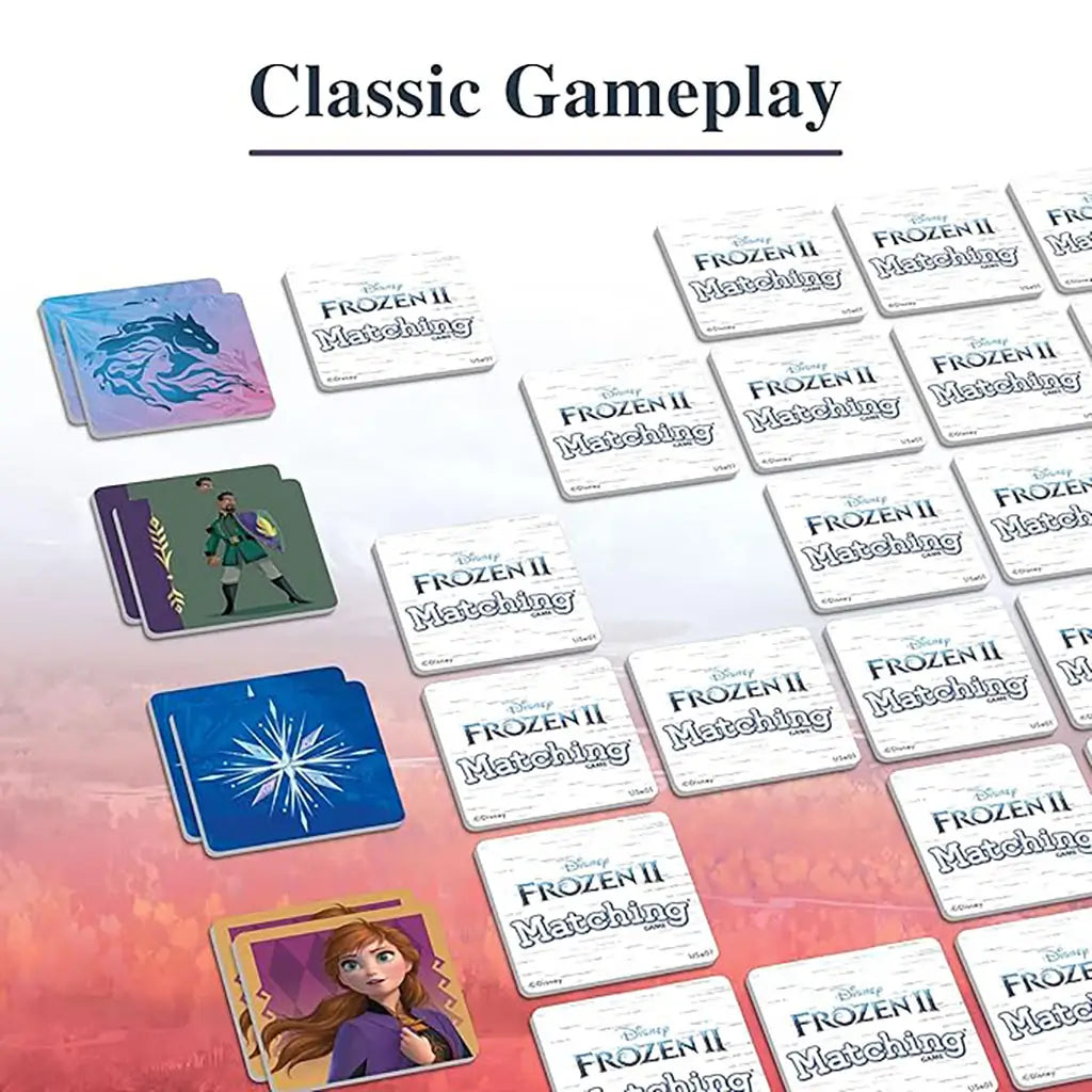 Frozen II Matching Game tiles arranged face-down and flipped to reveal Anna, Elsa, and other characters, demonstrating traditional memory gameplay for family fun with kids.