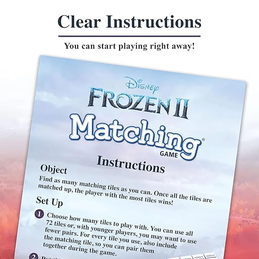 Instruction sheet for Ravensburger Frozen II Matching Game with setup rules and gameplay objective, emphasizing easy-to-follow directions so players can begin quickly.