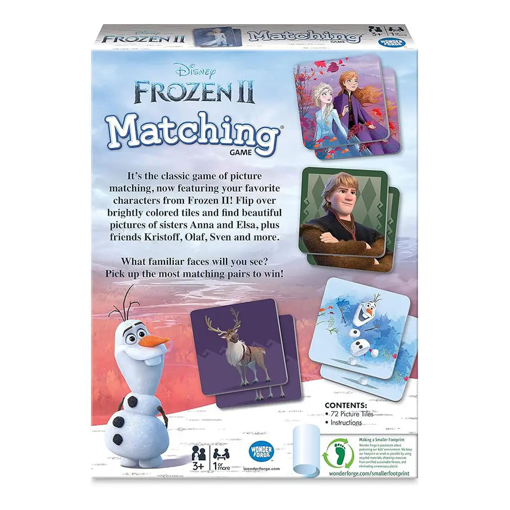 Back of Ravensburger Frozen II Matching Game box showing description, character tiles of Anna, Elsa, Kristoff, Sven, and Olaf, with instructions for classic picture-matching gameplay.