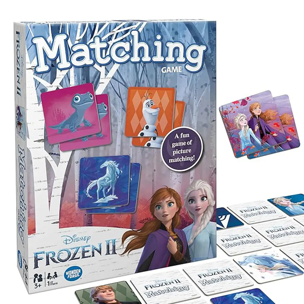 Frozen II Matching Game box with Anna and Elsa, alongside laid-out picture tiles showing Olaf, Bruni, and Nokk, highlighting colorful gameplay pieces for memory matching fun.