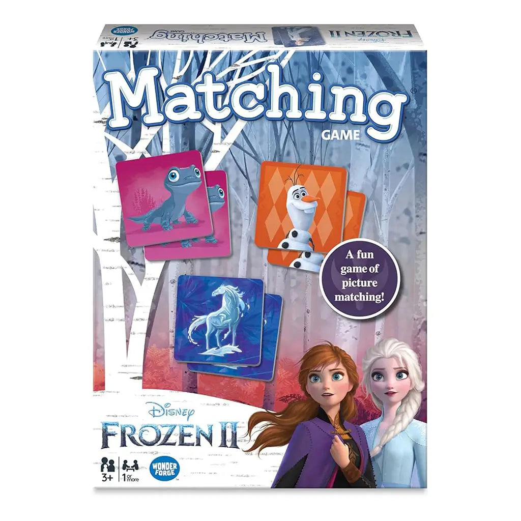 Ravensburger Frozen II Matching Game box featuring Anna, Elsa, Olaf, and Bruni with colorful character tiles on a wintry forest backdrop, designed for children ages 3 and up.