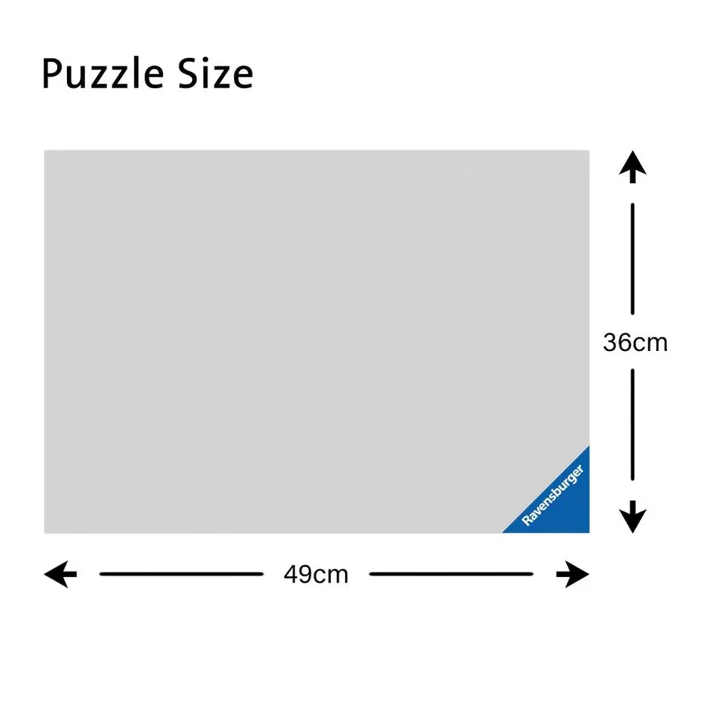 Dimension guide for Ravensburger Frozen II puzzle, showing completed size as 49 cm wide by 36 cm tall, ideal for display or repeated play for young puzzle enthusiasts.