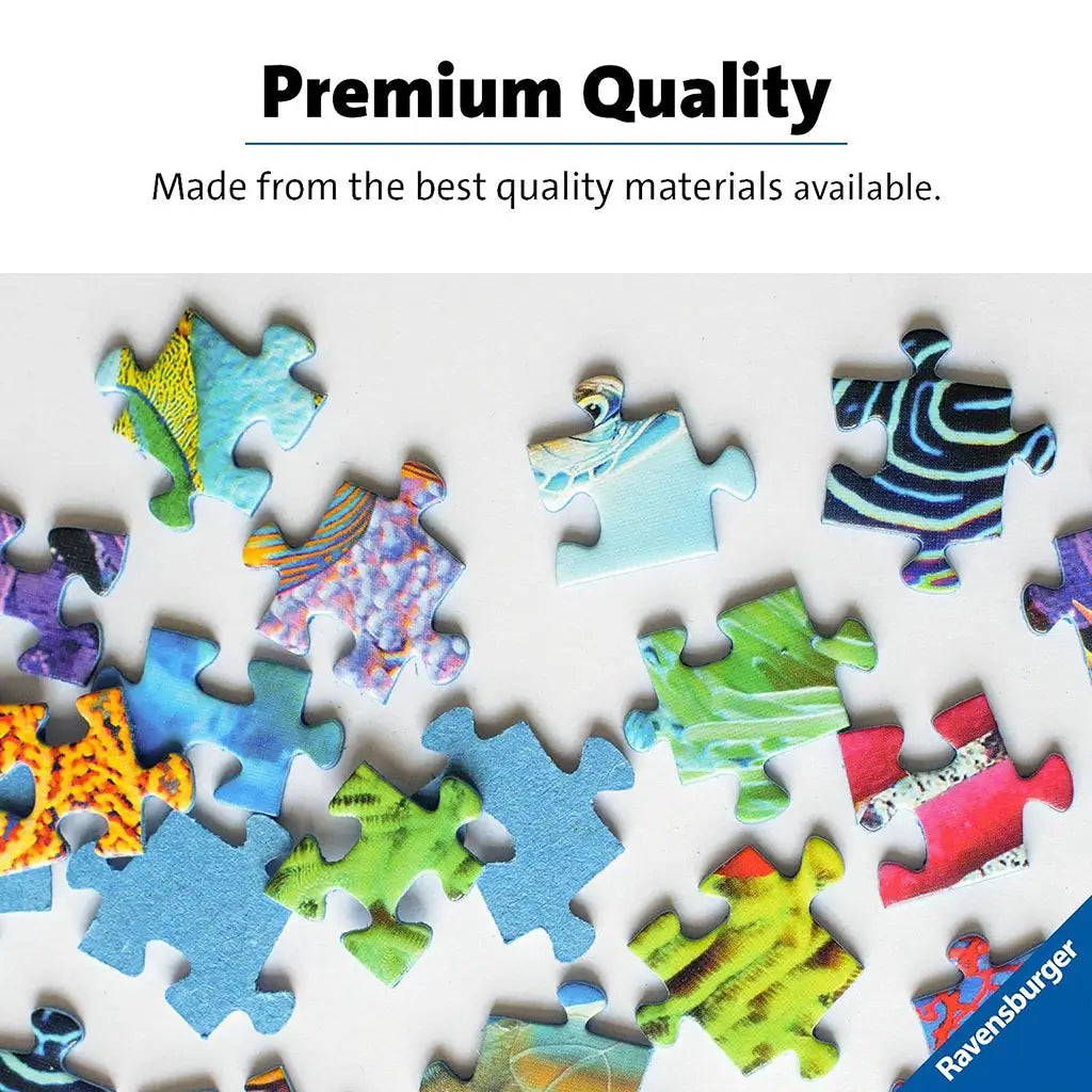 Close-up of colorful Ravensburger puzzle pieces from Gabby’s Dollhouse set, showcasing durable premium-quality cardboard and vibrant printing for a satisfying play experience.