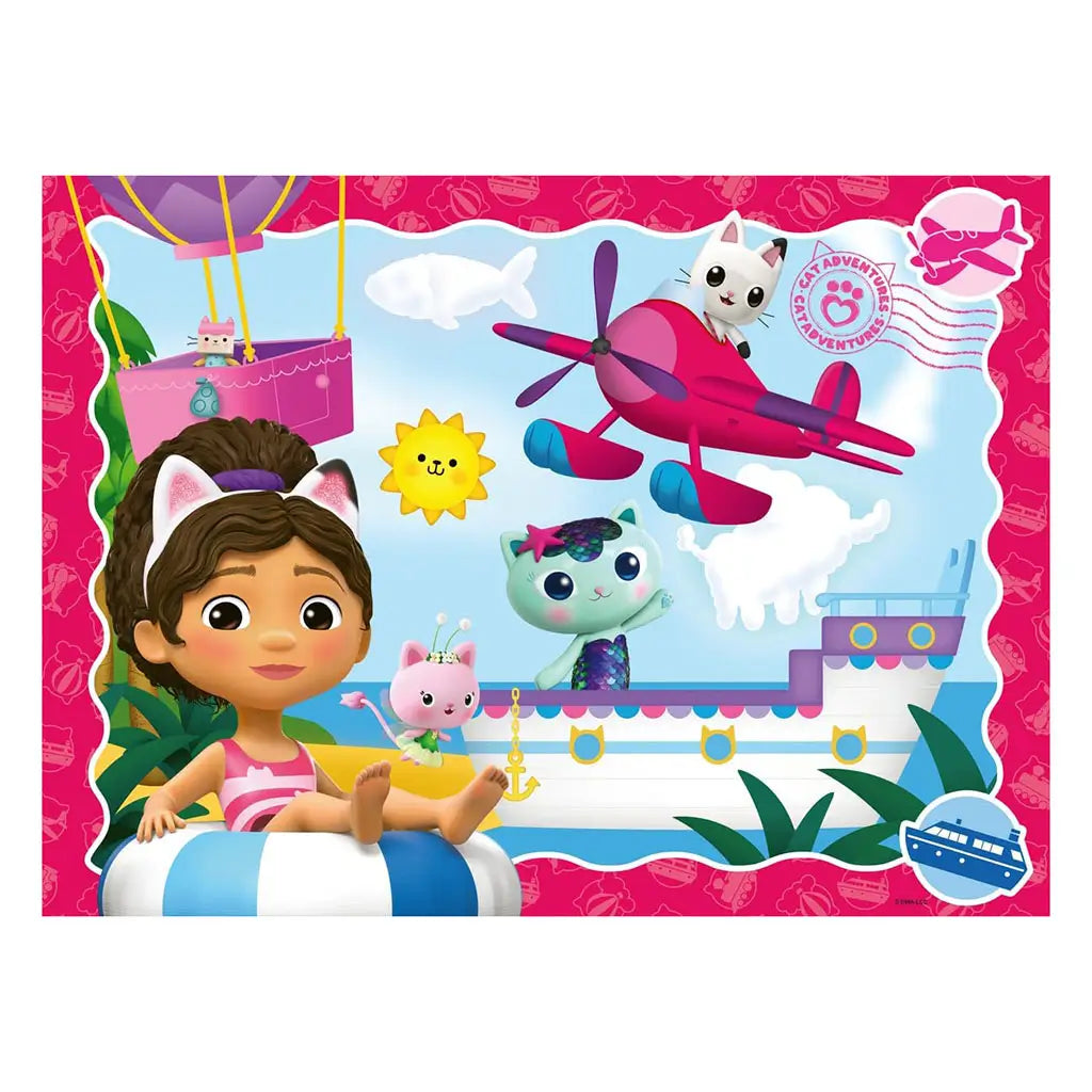 Colorful Ravensburger Gabby’s Dollhouse puzzle design featuring Gabby in cat ears, playful animal friends, a pink plane, sunny sky, and a ship with cheerful ocean-themed details.