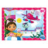 Colorful Ravensburger Gabby’s Dollhouse puzzle design featuring Gabby in cat ears, playful animal friends, a pink plane, sunny sky, and a ship with cheerful ocean-themed details.