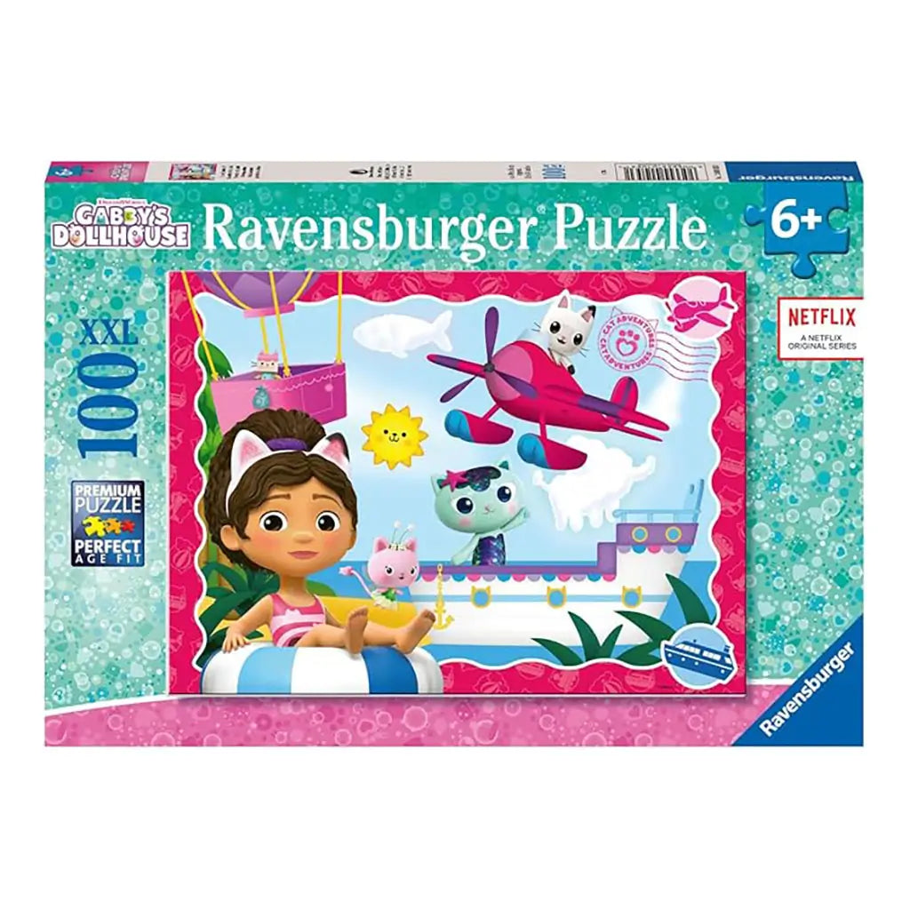 Ravensburger Gabby’s Dollhouse 100-piece puzzle box shows Gabby with friends in a bright ocean adventure scene, designed for kids ages 6 and up with premium XXL puzzle pieces.