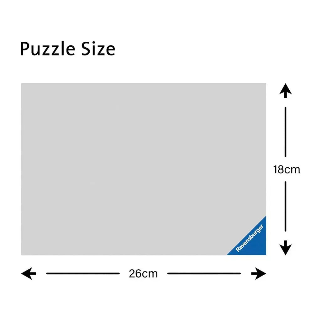 Puzzle size chart showing Ravensburger Gabby’s Dollhouse puzzle dimensions of 26 centimeters wide by 18 centimeters tall, displayed with arrows for clarity.