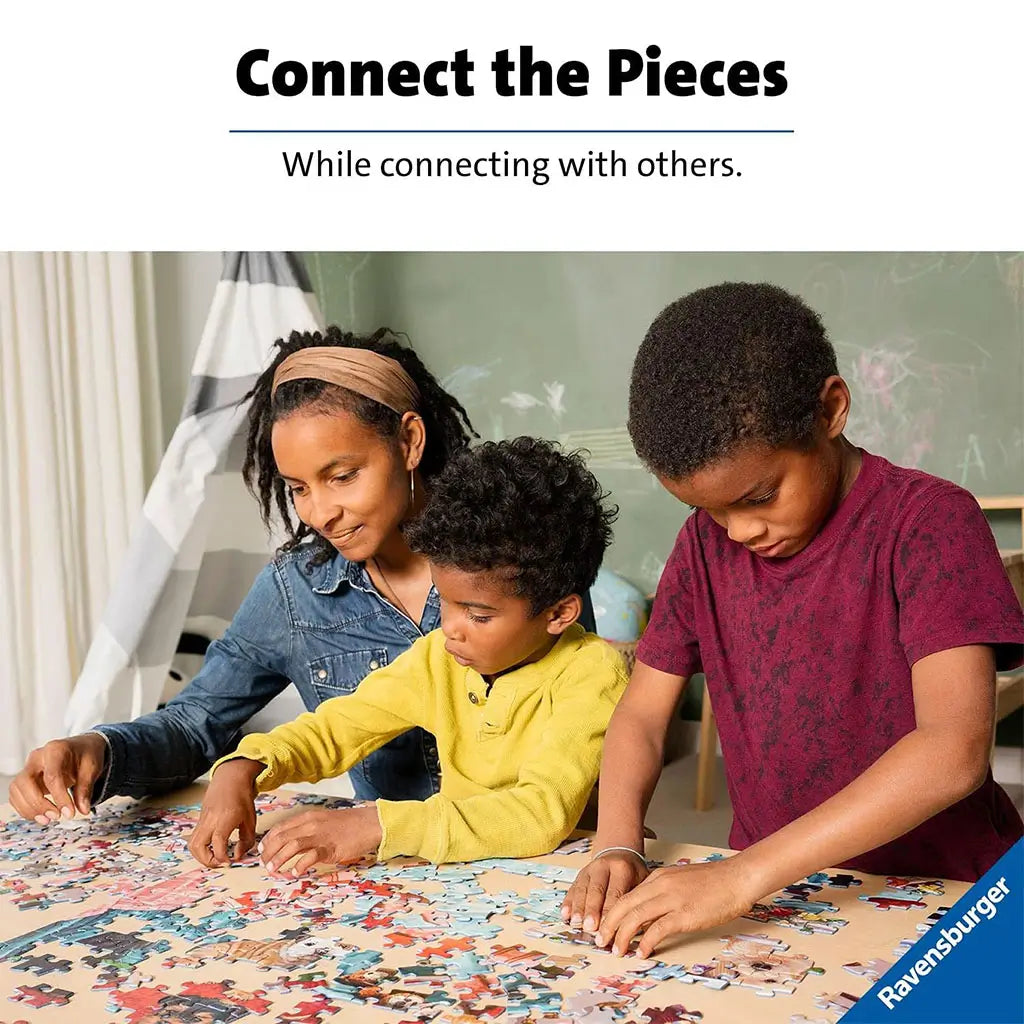 A smiling adult and two children sit at a wooden table, focusing together on assembling colorful Ravensburger puzzle pieces, promoting bonding through play.