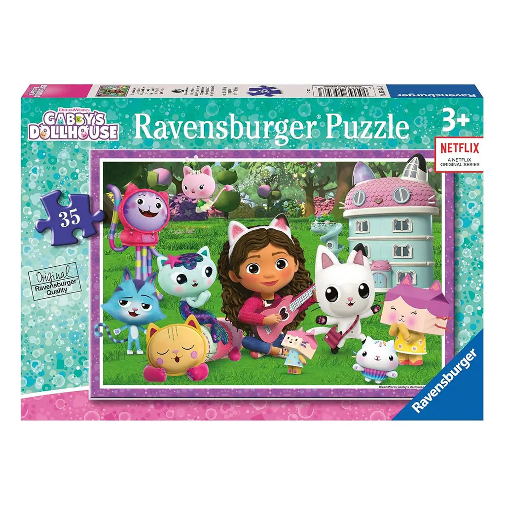 Ravensburger Gabby’s Dollhouse 35-piece puzzle box featuring Gabby with cat ear headband playing guitar alongside animated cat friends outside a pastel dollhouse.