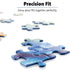 Blue Ravensburger puzzle pieces with glossy finish shown interlocking precisely on a white background, emphasizing premium quality and accurate piece alignment.