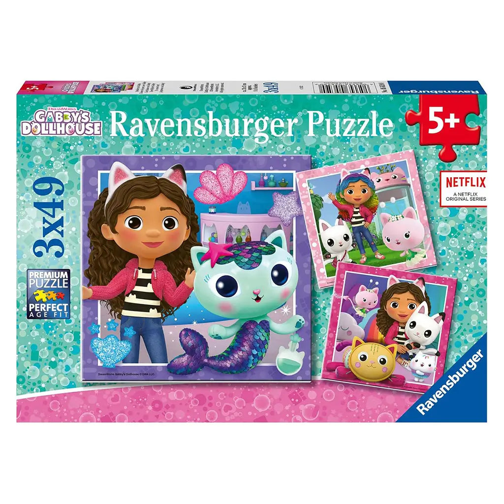 Ravensburger puzzle box featuring Gabby’s Dollhouse theme with three illustrated designs, promoting premium quality puzzles for kids aged five and older.