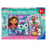Ravensburger puzzle box featuring Gabby’s Dollhouse theme with three illustrated designs, promoting premium quality puzzles for kids aged five and older.