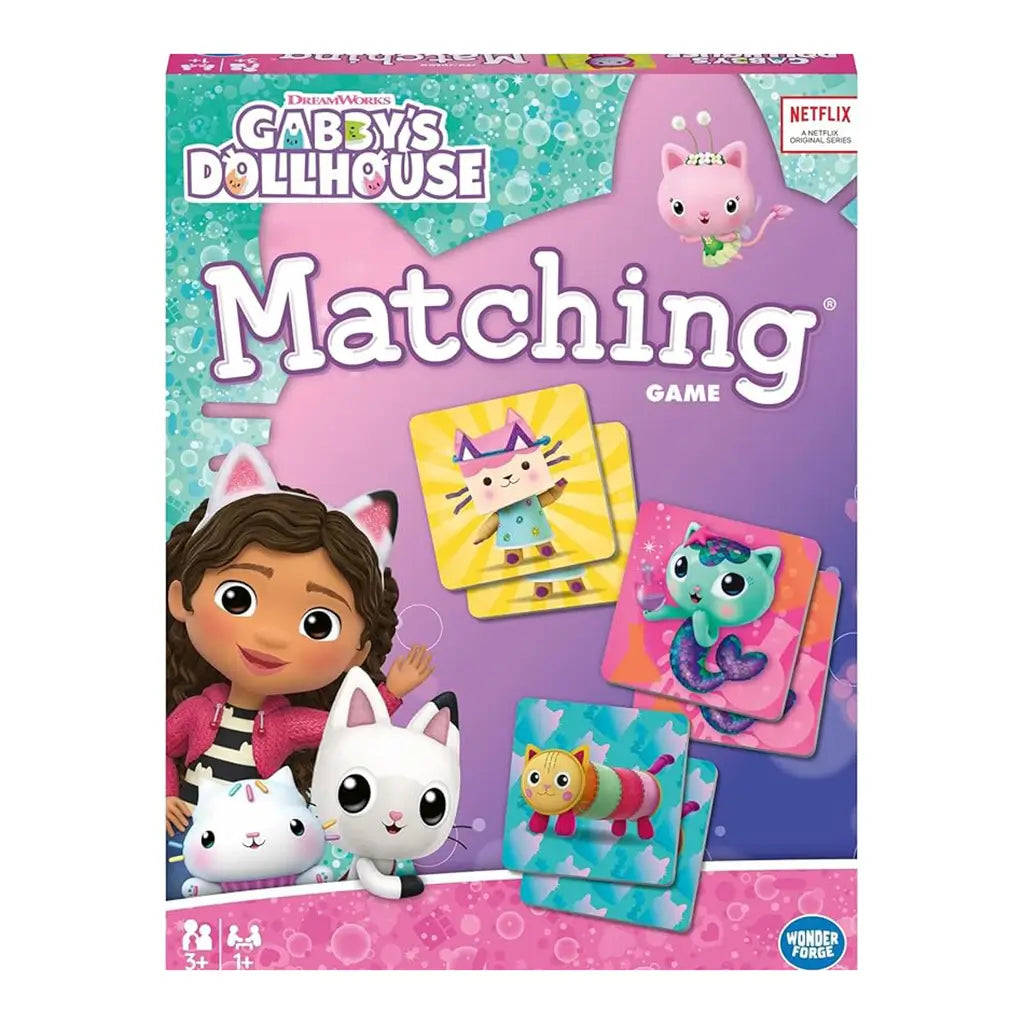 Gabby’s Dollhouse Matching Game box featuring Gabby with cat ears, Pandy Paws, and colorful character tiles including Cakey Cat, Mercat, and Kitty Fairy from the Netflix series.