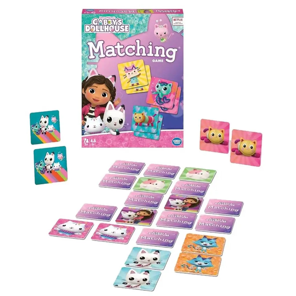 Gabby’s Dollhouse Matching Game set with box and picture tiles displayed, showing characters like Pandy Paws, DJ Catnip, and Carlita for fun matching play for ages 3 and up.