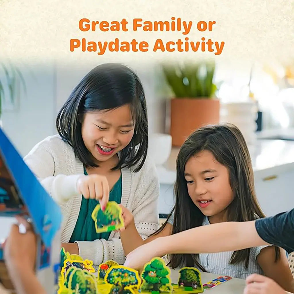 Two children smile and play Ravensburger Garden Heist together, lifting bright cardboard tree pieces on a vibrant garden board, promoted as a fun family or playdate activity.