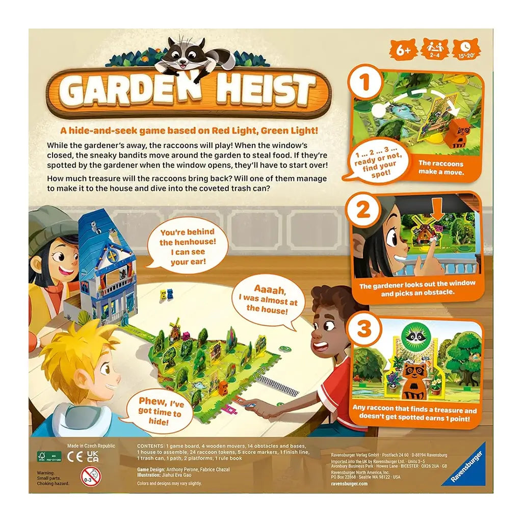 Back of Ravensburger Garden Heist box explains gameplay with illustrated raccoons hiding in a garden, children playing at a table, and step-by-step instructions for the hide-and-seek style board game.