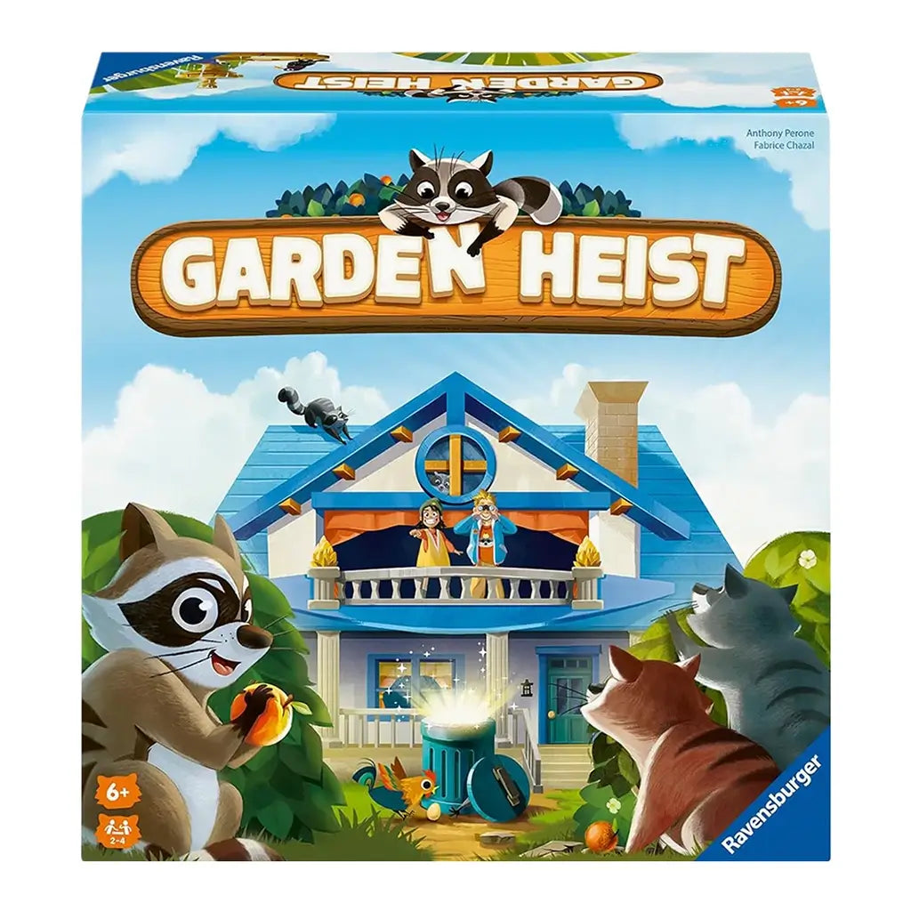 Front of Ravensburger Garden Heist game box shows raccoons sneaking into a blue-roofed house while people on the balcony react, with bold title logo above, designed for ages six and older.