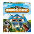 Front of Ravensburger Garden Heist game box shows raccoons sneaking into a blue-roofed house while people on the balcony react, with bold title logo above, designed for ages six and older.