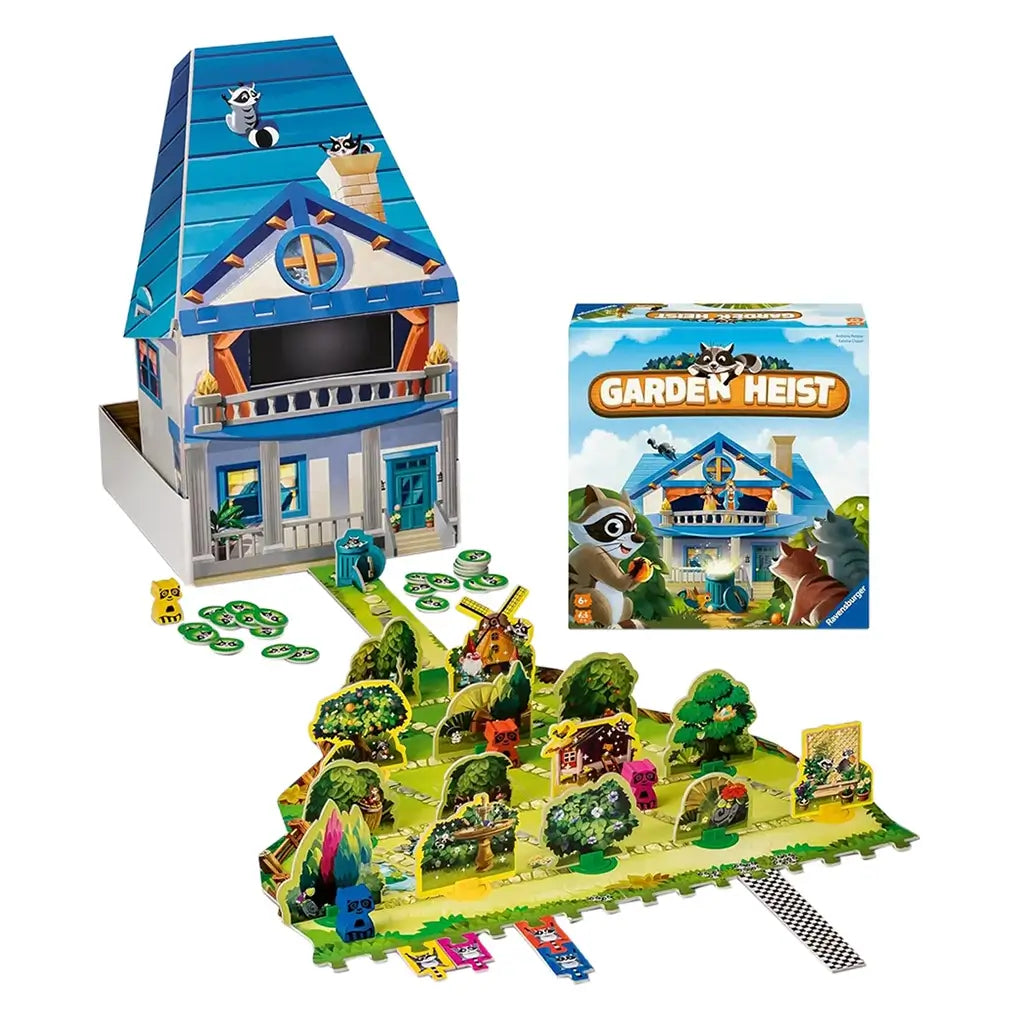Full Ravensburger Garden Heist game set displayed with assembled board, 3D cardboard house, raccoon tokens, trees, and box packaging, showcasing colorful garden heist theme with raccoons.