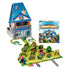Full Ravensburger Garden Heist game set displayed with assembled board, 3D cardboard house, raccoon tokens, trees, and box packaging, showcasing colorful garden heist theme with raccoons.