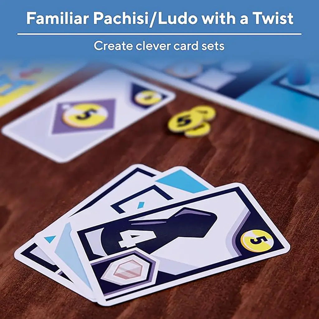 Close-up of Ravensburger HIT game cards on wooden table, featuring blue pawn icon, number values, yellow tokens, and text highlighting Pachisi and Ludo strategy twist.
