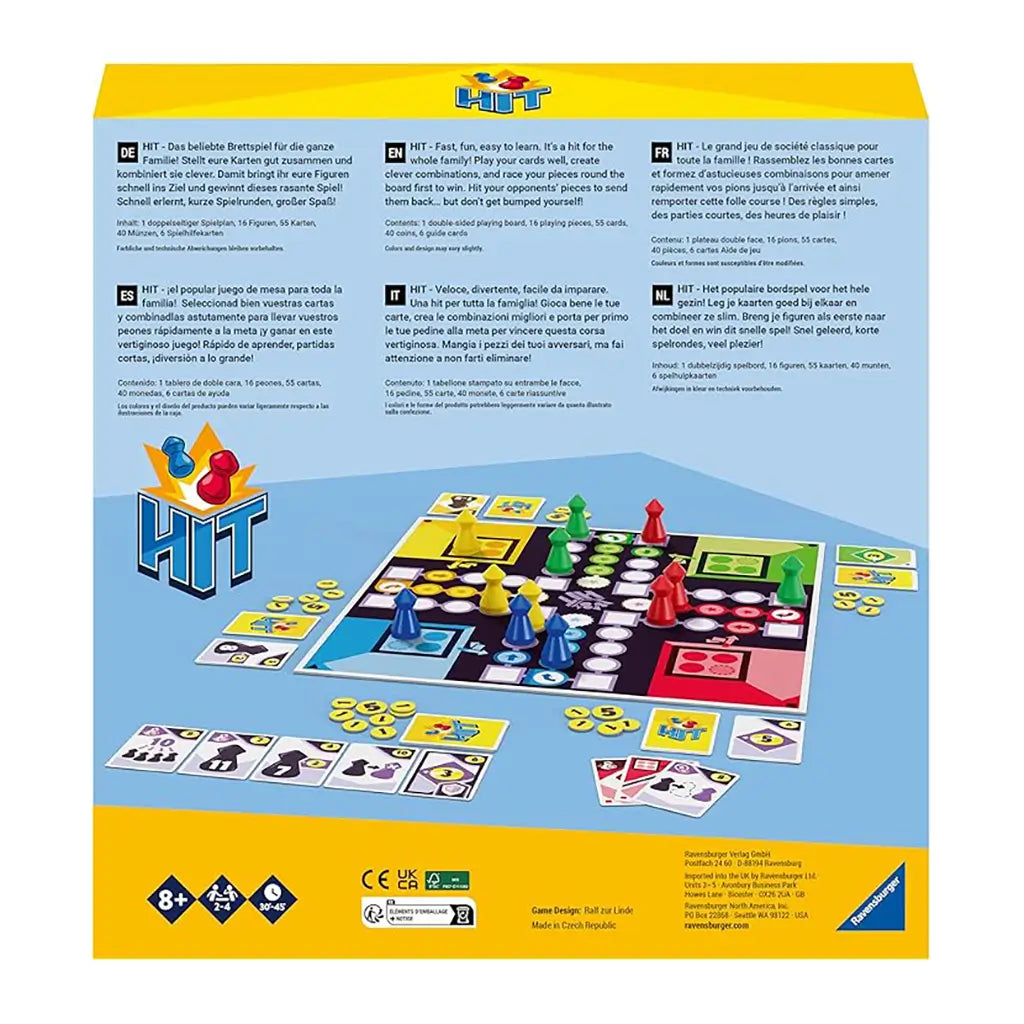 Back of Ravensburger HIT game box with detailed multilingual descriptions, illustrated board setup, colorful pawns, cards, tokens, and family play instructions.